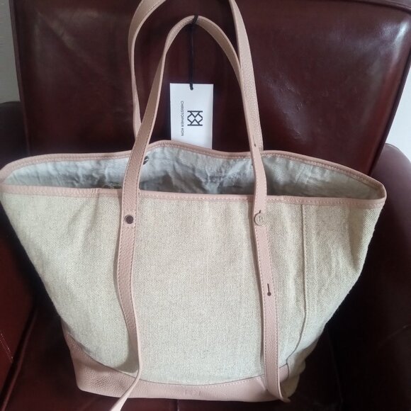CHRISTOPHER KON large Flax Fabric & Leather shoulder bag Tote New w/Tag - Picture 1 of 10